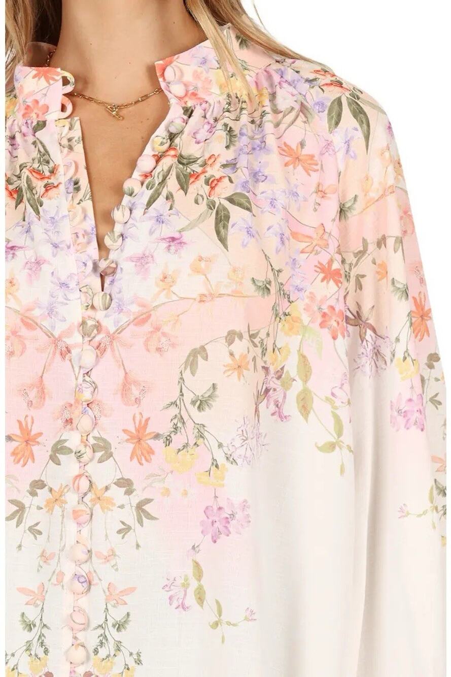 Petal & Pup Tiarna Blouse Botanical Print White Linen Blend Balloon Sleeve Top L